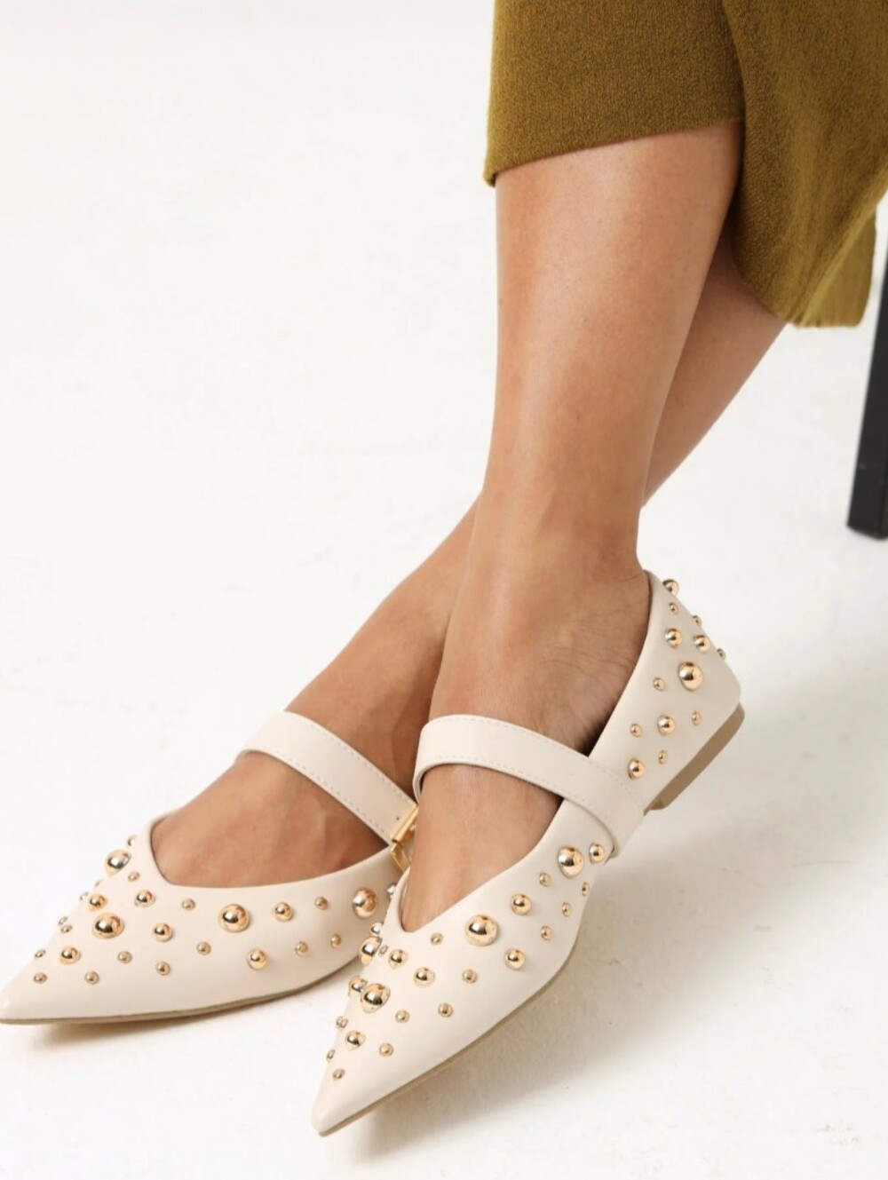 Studded Pointed-Toe Mary Jane Flats in Cream 8